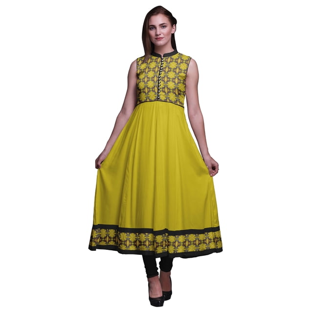 Bimba Robe Anarkali Tribale Jaune pour Femmes Kurti Imprimé Ethnique Indien Longue Kurta Robe de Soirée Petite
