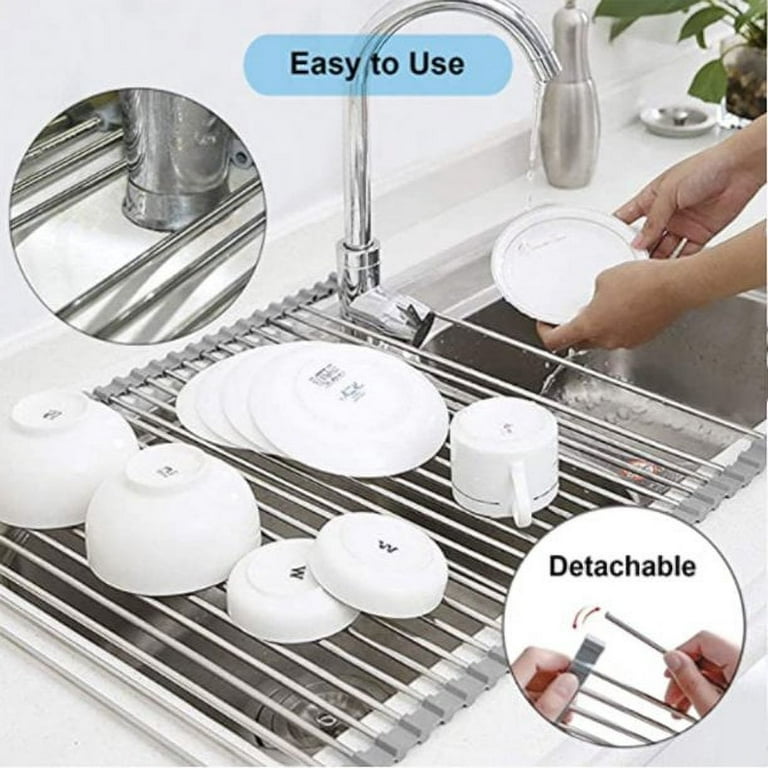  MERRYBOX Roll Up Dish Drying Rack, Over The Sink Dish Rack  Foldable, Heat-Resistant, Anti-Slip Silicone Coated Steel Dish Drainer for  Kitchen Sink, Multipurpose Roll Up Sink Drying Rack, 17.5 x 13