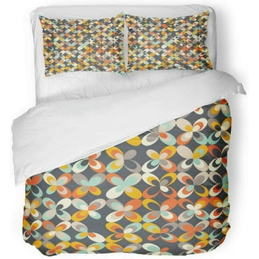 ZHANZZK 3 Piece Bedding Set Midcentury Geometric Retro Vintage Brown Orange and Teal Colors Floral Mod Abstract Twin Size Duvet Cover with 2 Pillowcase for Home Bedding Room Decoration