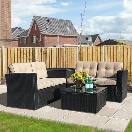 Outdoor Living Spaces For Small Backyards Outdoor Furniture Sectional Sofa Set (6-Piece Set) All-Weather Black Wicker with Beige Seat Cushions&Glass Coffee Table&Storage Table| Patio, Backyard, Pool|Aluminum Frame ()
