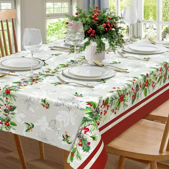Christmas Red Poinsettia Flower Tablecloth, Merry Christmas Table Cloth Waterproof, Winter Christmas Xmas Kitchen Table Decor for Dining Holiday Party 60x84 Inch Rectangle