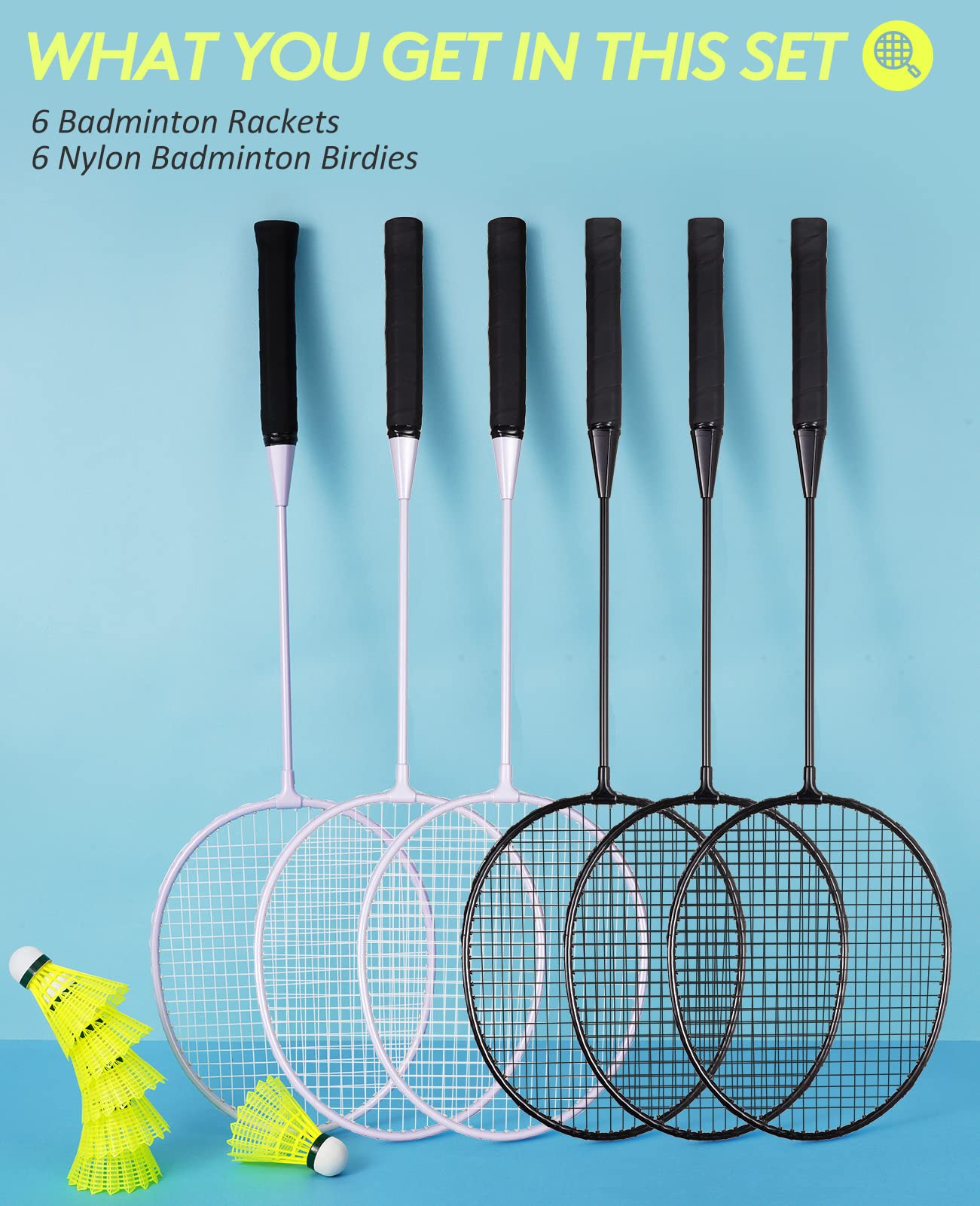 Badminton Rackets Set, Lightweight & Durable Badminton Set (Includes 6/12 Racquets, 6/12 Birdies), Outdoor Backyard & School Games for Adults, Families and Beginners