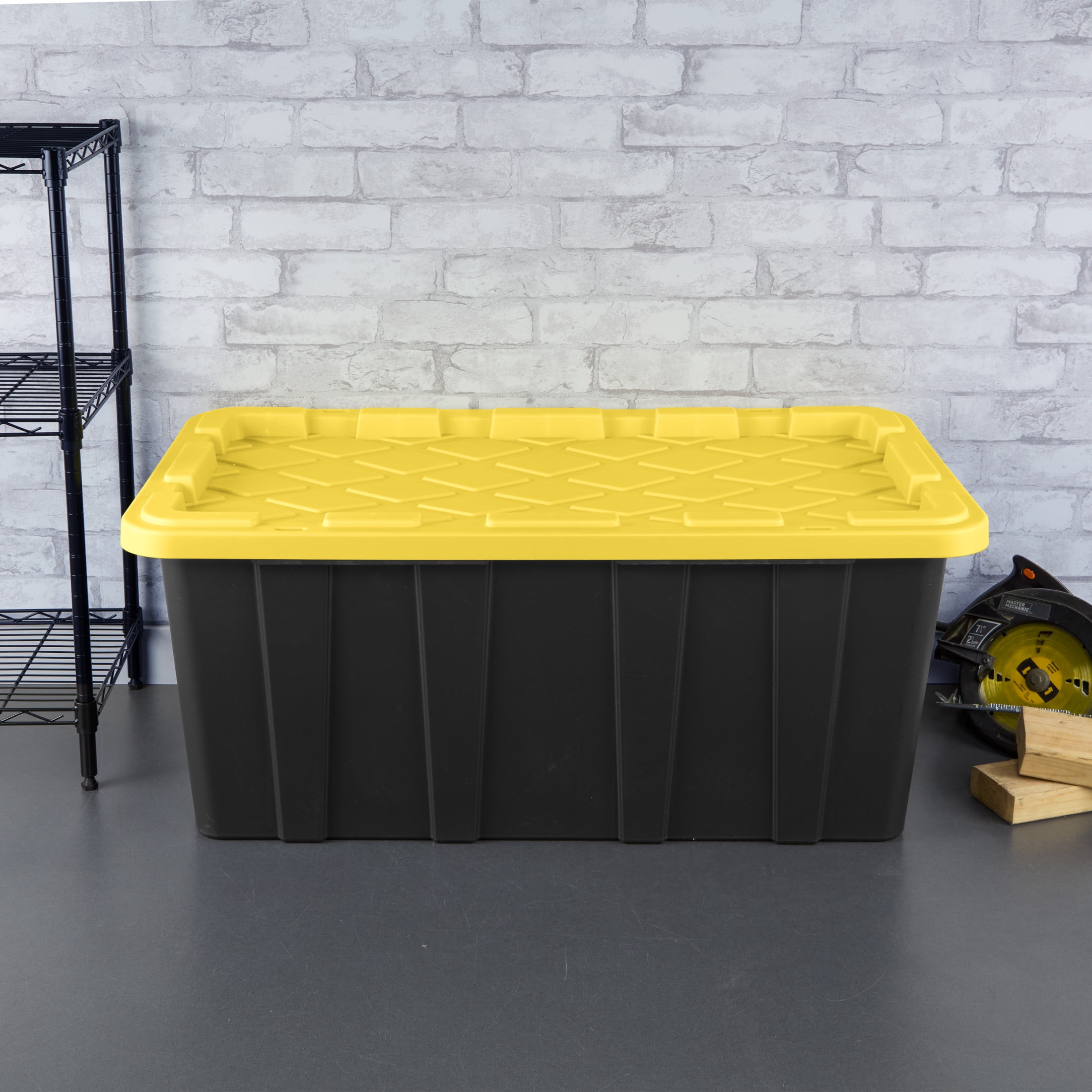 Sterilite 38 Gallon Industrial Tote, Rugged Plastic Storage Bin, Snap-on Lid, Yellow/Black, 4 pack