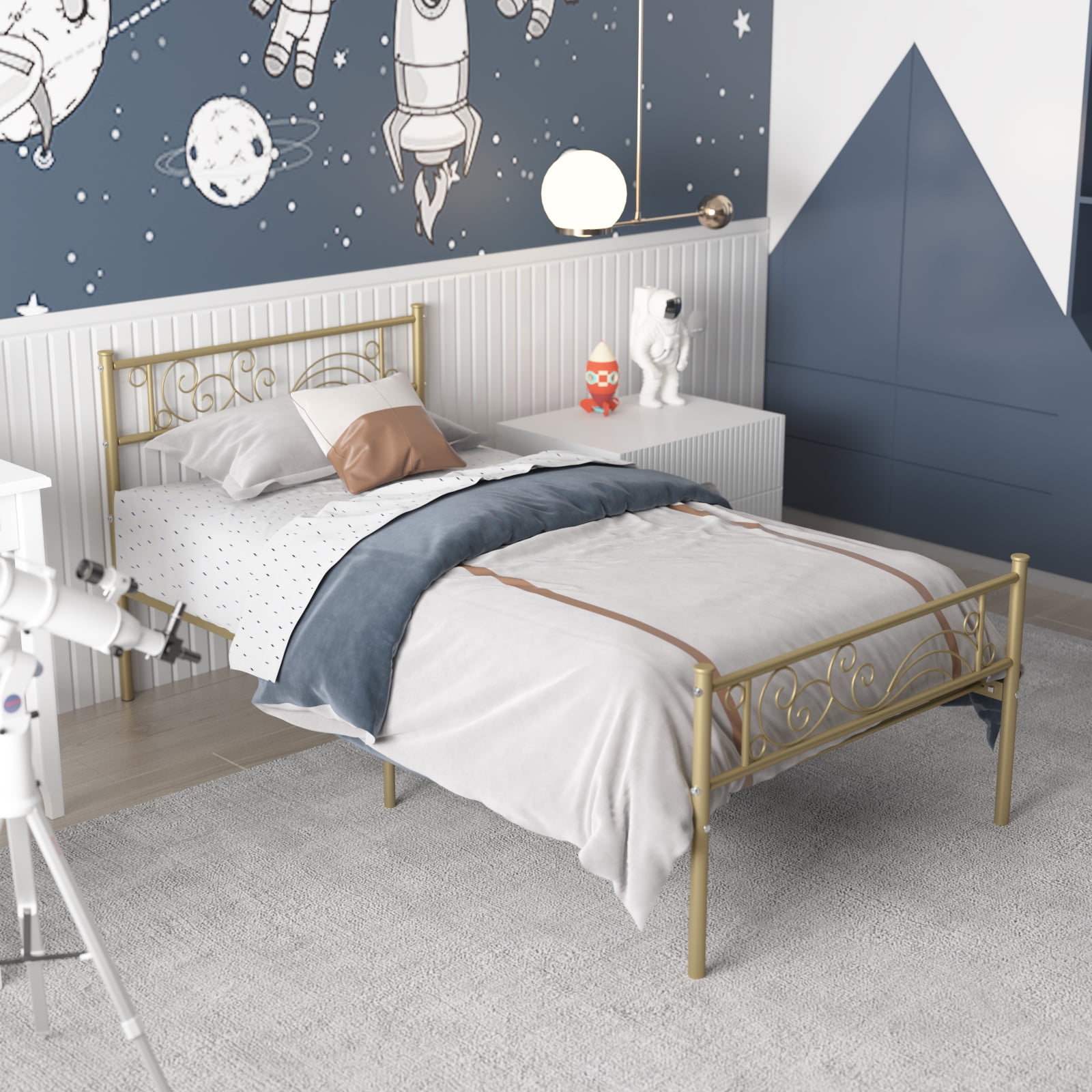 Yoneston Twin Size Metal Platform Bed Frame with Headboard Footboard for Kid - Gold