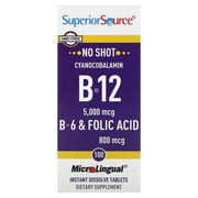 Superior Source No Shot Vitamin B12 Cyanocobalamin (5000 mcg), Vitamin B6, Folic Acid, 100 Count Dietary Suppl;ement