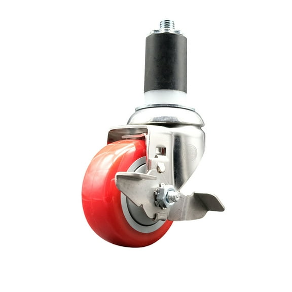 3 Inch 316SS Red Polyurethane Swivel 1-1/2 Inch Expanding Stem Caster Brake