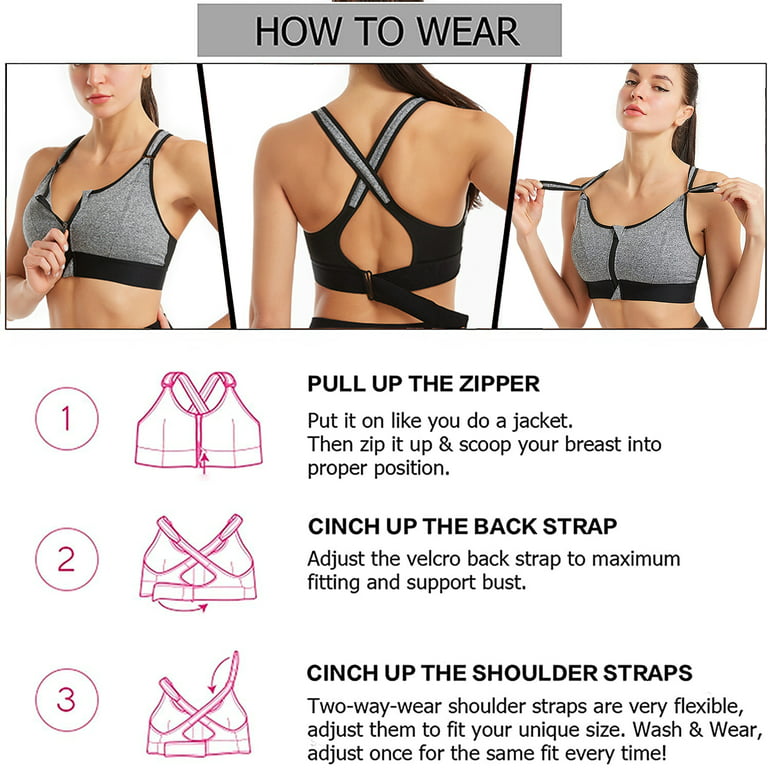 Elbourn 3Pack Works Women's Plus Size Zip Front Bra High Impact Racerback  Gym Activewear Bra （Gary-L） 