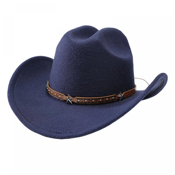 RUINIXCW Western Cowboy Cowgirl Hat for Women Men Wide Brim Pentagram Leather Belt Fedora Hat Wool Felt Vintage Jazz Hats