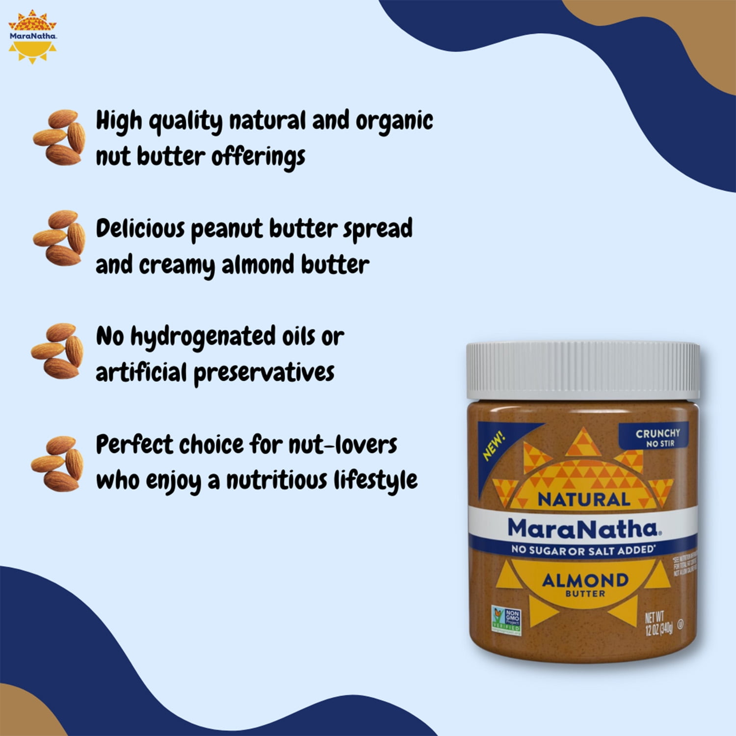 (6 pack) MaraNatha Natural No Sugar No Salt Crunchy Almond Butter, 12 oz