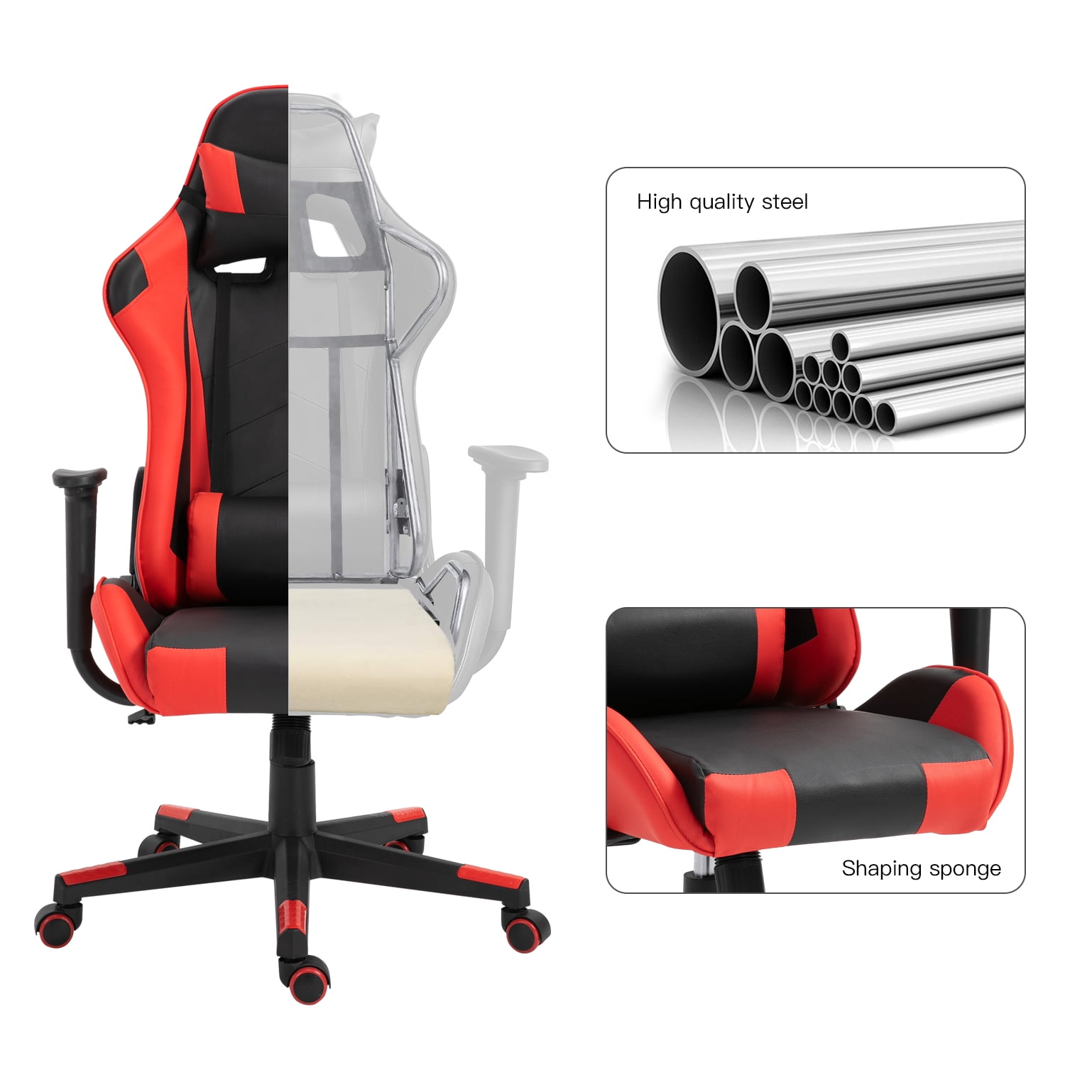 Gaming Chair Office Desk Chair Ergonomic Reclining Computer Chair Height Adjustable Swivel Recliner with Headrest Lumbar Support, Black Red