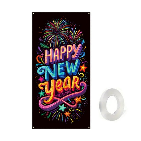 Pmrith Christmas Door Cover with Eye-catching Words "Happy New Year" and Firework Parttern and Hanging Holes Decoration for Home Front Door Hanging