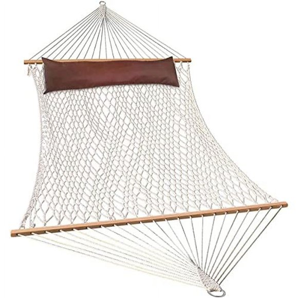Lazy Daze 13FT Double Rope Hammocks, Traditional Hand Woven Cotton Hammock with Head Pillow and Spreader Bar, Two Person Hammock for Outside Outdoor Patio, Max 450 Lbs
