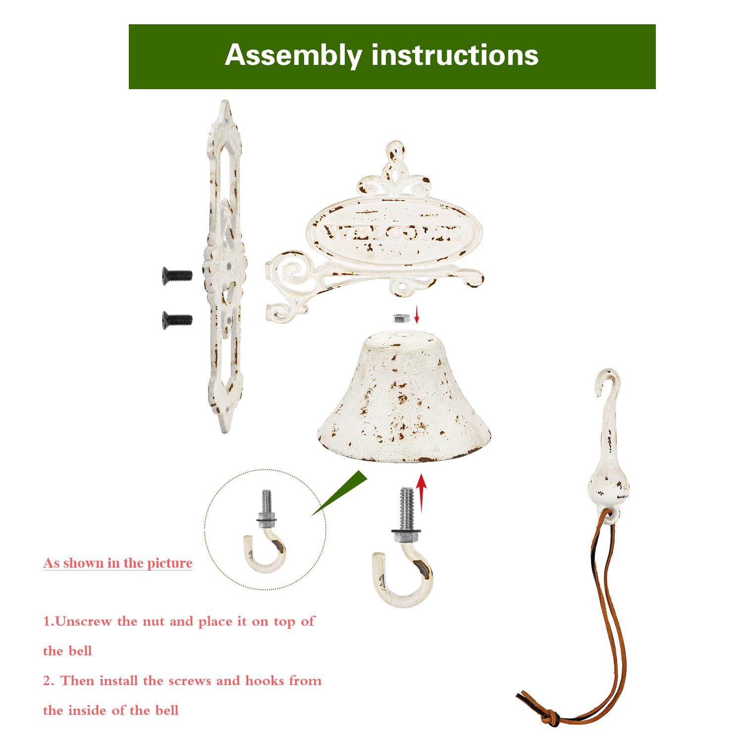 Sungmor Cast Iron Dinner Bell Rustic White Wall Hanging Bell Welcome Sign, Vintage Style Farmhouse Outside Door Bell, Decorative Manually Shaking Doorbell, Indoor Outdoor Wall Mounted Dinner Bell