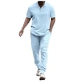 thumbnail image 1 of Wyzesi Overall Shorts Suit for Men Plus Male Two Piece Solid Color Suit Button Down Short Sleeved Stand Up Top and Oversized Trousers Combination Set Sleep Pantsuit Men No Drawstring, 1 of 9