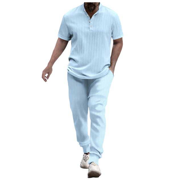 Wyzesi Overall Shorts Suit for Men Plus Male Two Piece Solid Color Suit Button Down Short Sleeved Stand Up Top and Oversized Trousers Combination Set Sleep Pantsuit Men No Drawstring