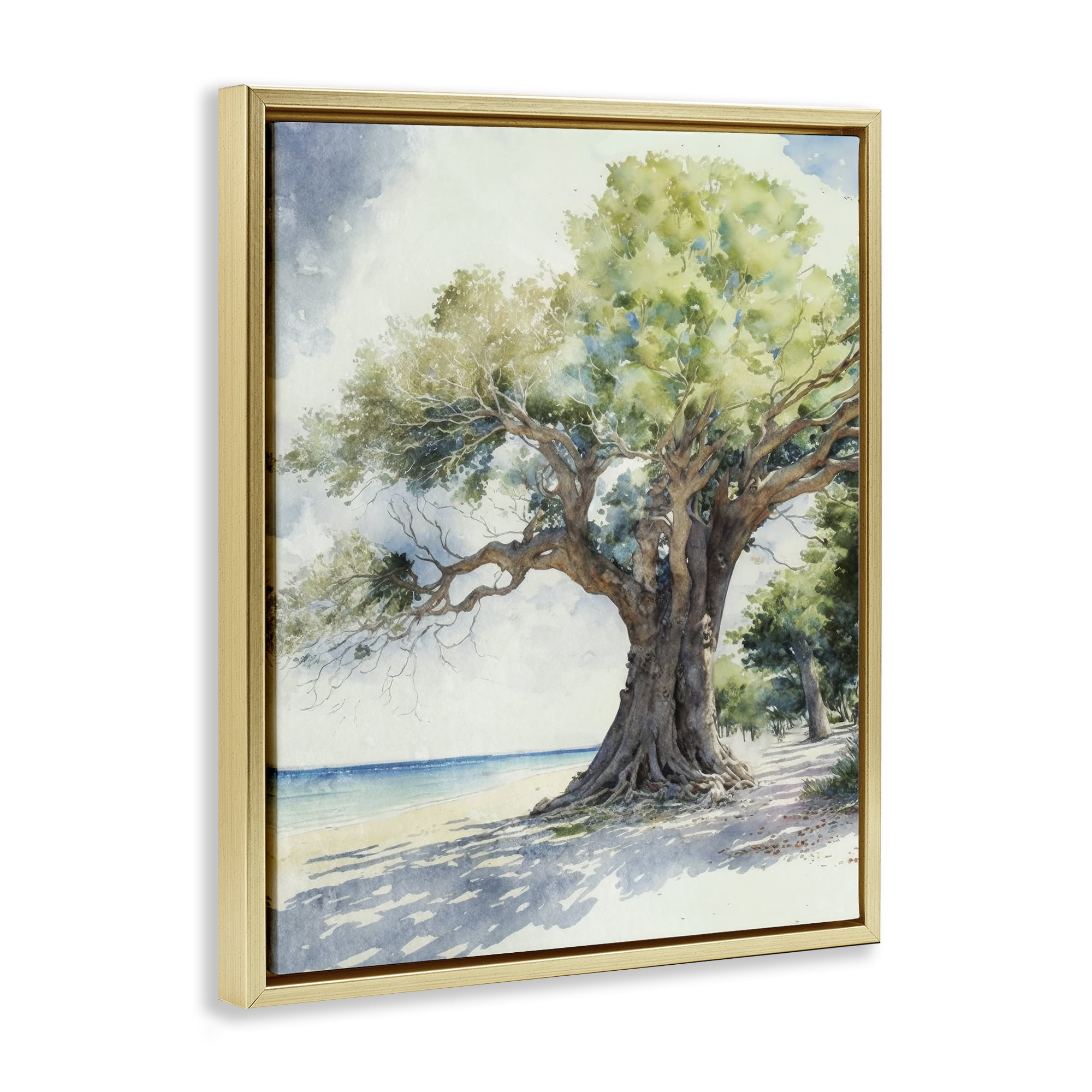 Stupell Industries Watercolor Tree on Shore Nautical & Beach Painting Gold Floater Framed Canvas Art Print Wall Art, 25 x 31