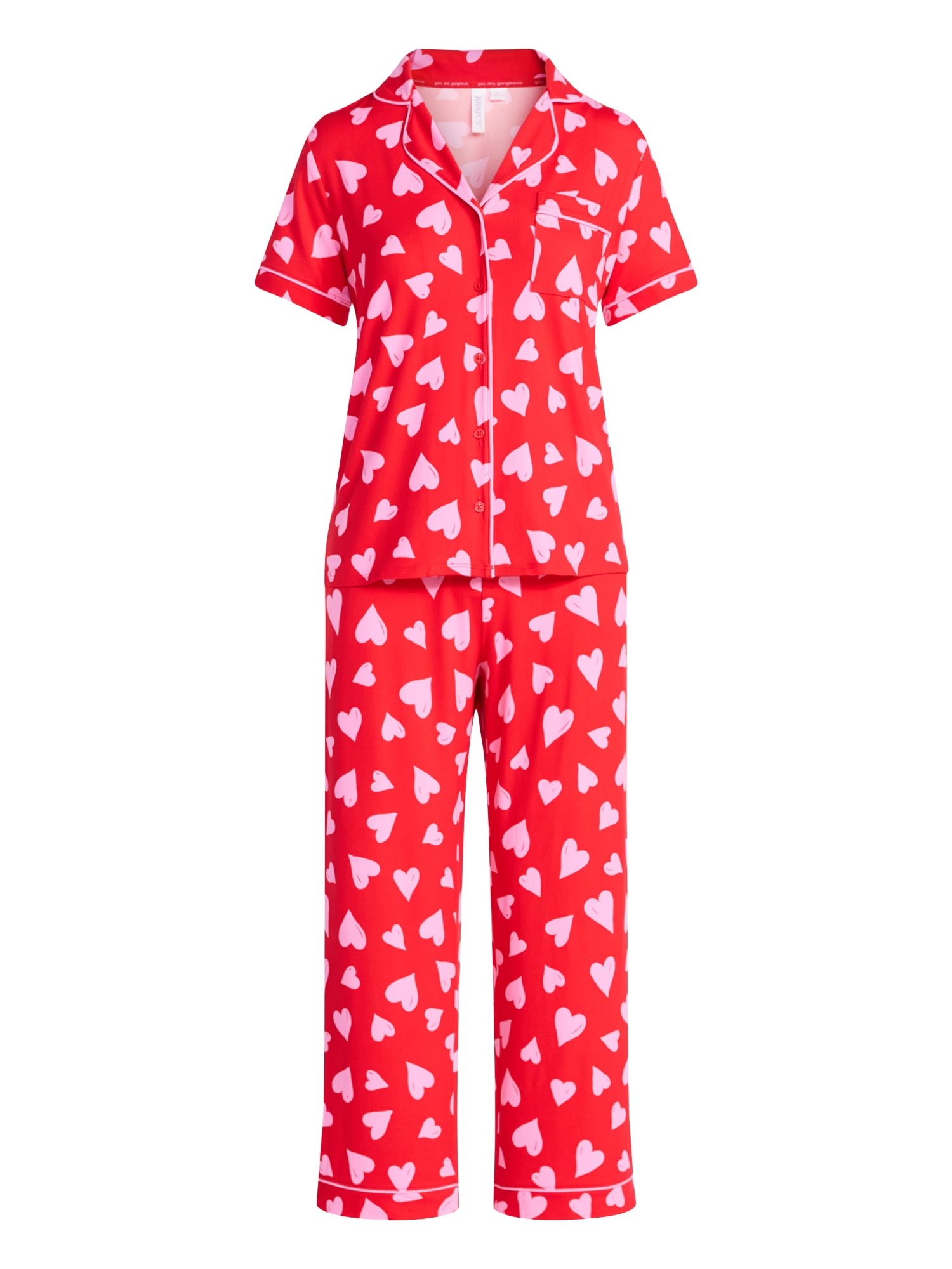 Joyspun Women's Dreamy Soft Collection Notch Collar Top and Capri Pants Valentine's Day Pajama Set, 2-Piece, Sizes XS-3X