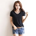 thumbnail image 3 of Women Summer T-shirt V-neck Short Sleeve Slim Fit T-shirt Solid Color Pullover Tops Stretchy Bottoming Shirt Streetwear-Black1,M, 3 of 8