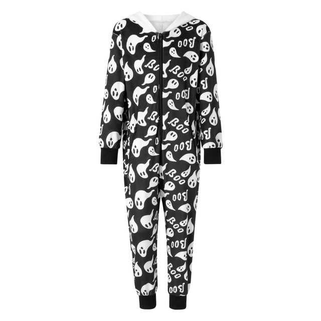 xiaxaixu Combinaisons Assorties pour Famille Halloween Pyjamas Imprimé Ghost à Capuche Manches Longues Combinaisons Automne Hiver Fermeture Éclair Longues Combinaisons