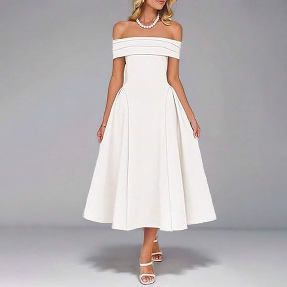 White Off-Shoulder Fit & Flare Midi Dress For Women
