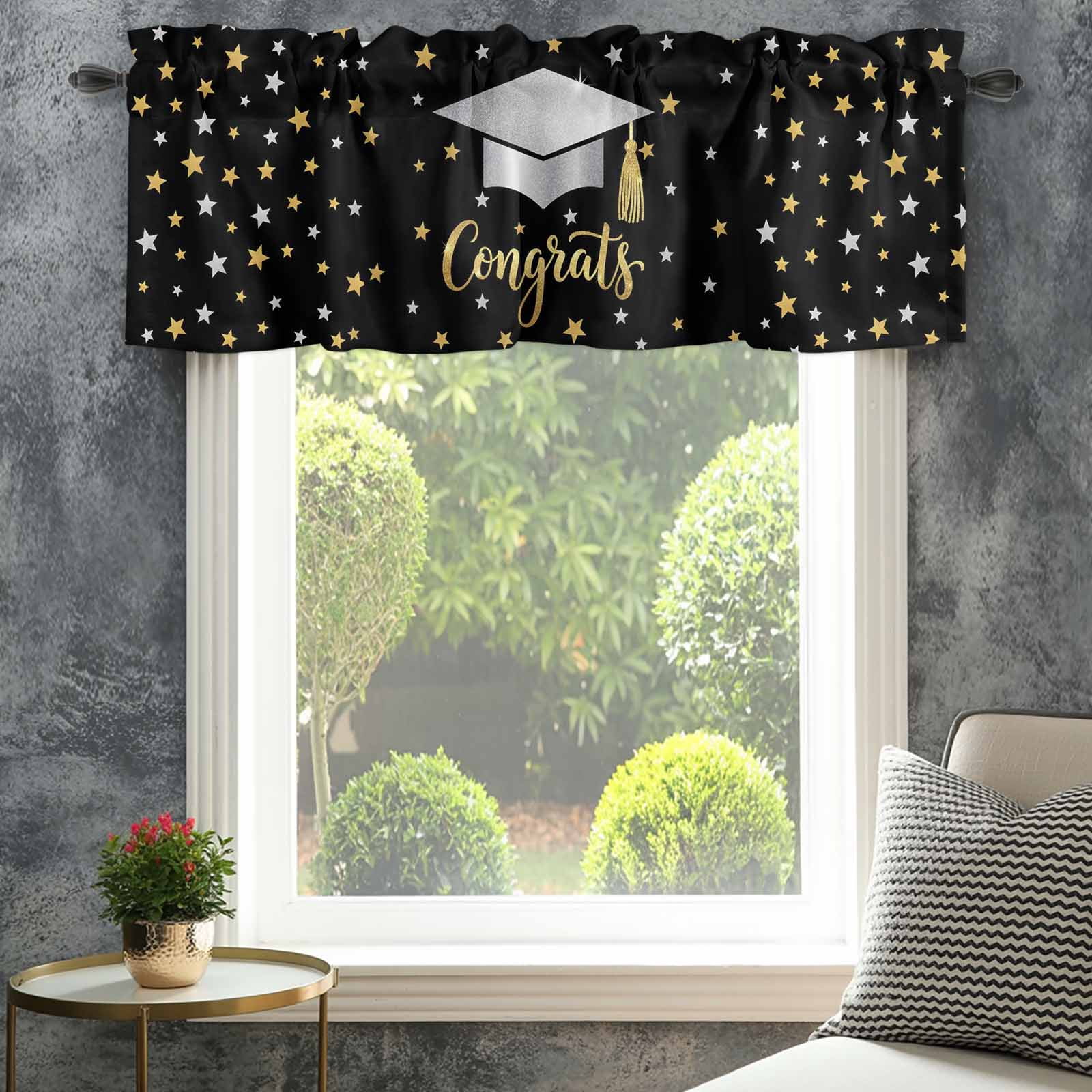Congratulate Graduate Season Valances for Windows Graduation Hat Golden Sliver Star Black Rod Pocket Curtain Valance Window Treatment Short Curtains for Kitchen Living Room, 60"x18"