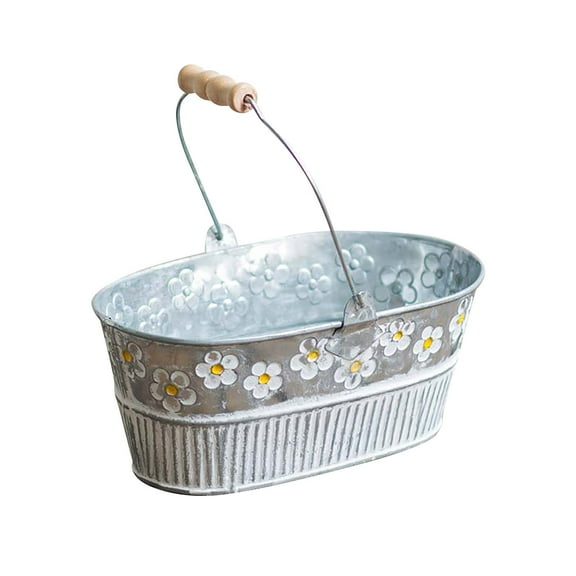 BMYJ Galvanized Bucket Flower Pot, Rustic Small Galvanized Bucket Flower Pot with Handle, Round Metal Tin Bucket Vintage Daisy Embossed Planter Pot for Balconies Gardens