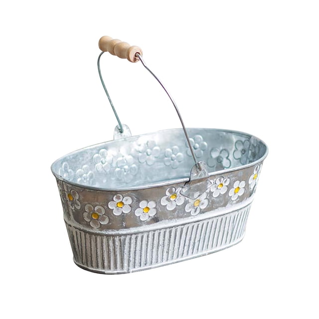 Retro Wrought Iron Hanging Flower Bucket - Iron, Silver, Embossed Flower Patterns, For Dried/Fresh Flowers/Potted Plants, 1X Bucket