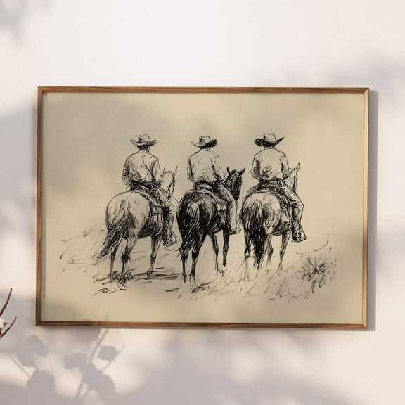 Cowboys And Horses Sketch Print, Vintage Horse Drawing, Country Farmhouse Wall Decor, Western Decor Wall Art, Modern Wall Decor, 8x12 UNFRAMED
