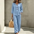 thumbnail image 2 of Wenini Women's 2 Piece Set V Neck Button down Top High Waist Wide Leg Pants Casual Loungewear Vacation Outfit, 2 of 7