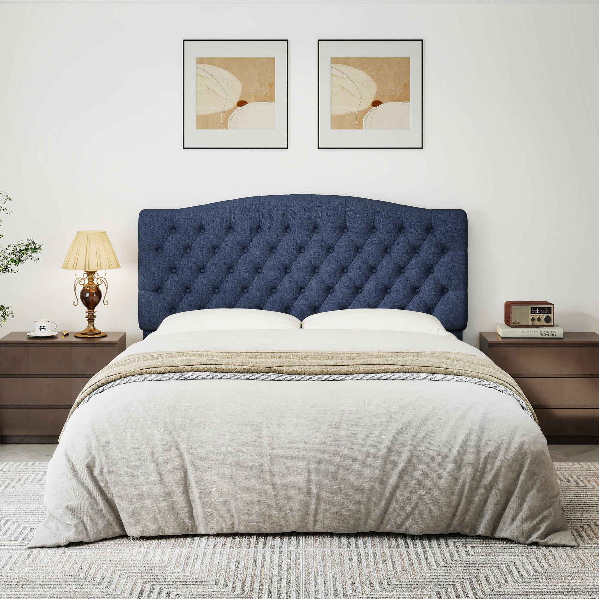 Queen Headboard Wall Mount & Bed Frame Compatible, Linen Upholstered Button Tufted, Navy Blue
