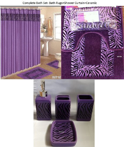 19 Piece Bath Accessory Set Black Zebra Animal Print Bath Rug Set Black Zebra Shower Curtain & Accessories
