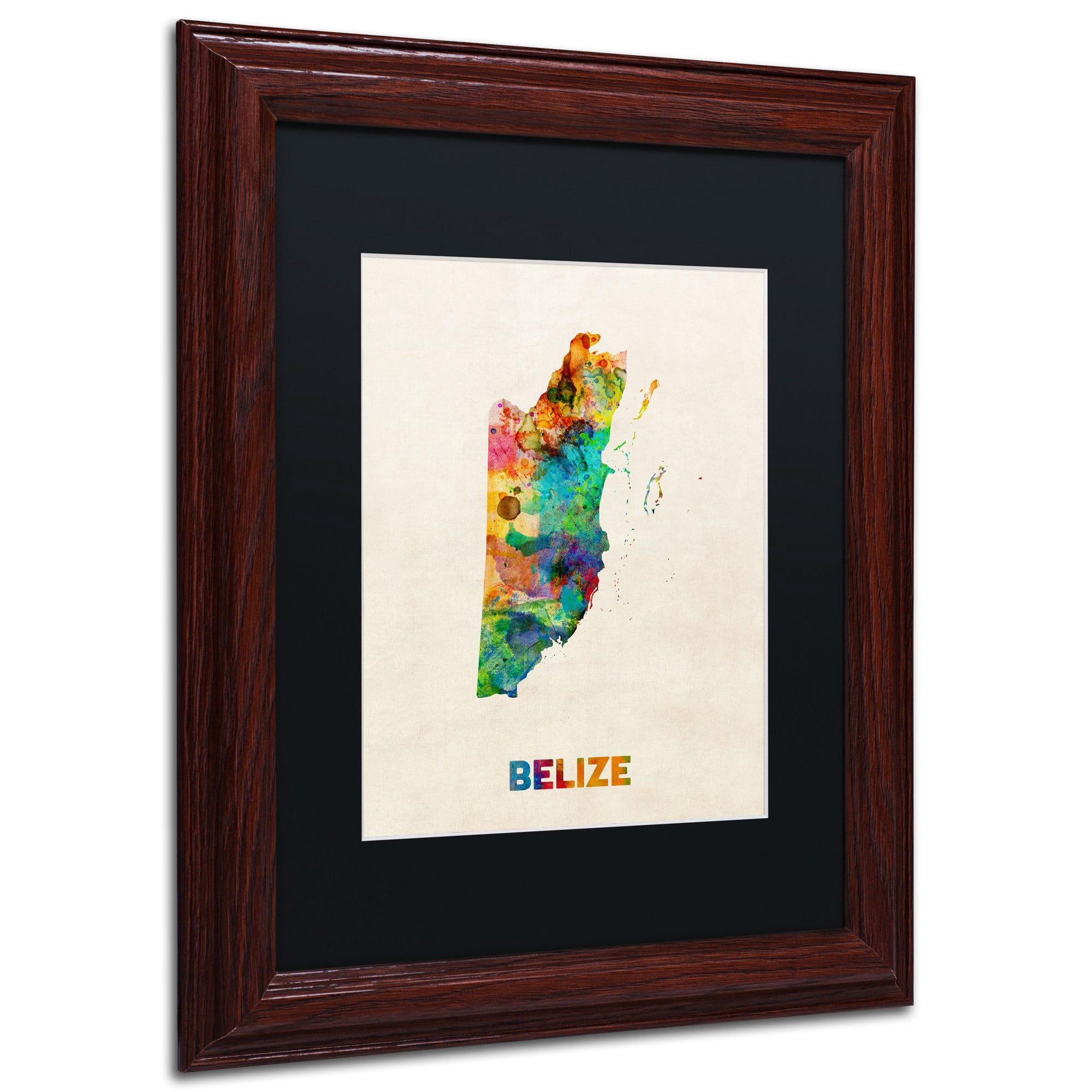 Trademark Fine Art ''Belize Watercolor Map'' by Michael Tompsett 16" x 20" Black Matted Wood Frame