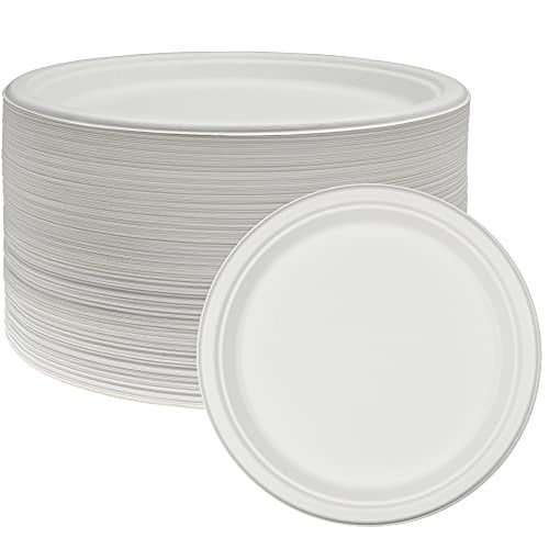 NYHI 125 Pack Compostable 10 Inch Heavy Duty Paper Disposable Plates Bulk For Adults Kids White Sugarcane Plates Cut Leak Resistant Compostable