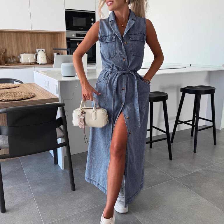 denim dress summer 2025 Women's Sleeveless Long Lace-Up Denim Dress, Summer Casual Lapel Solid  Button Down Jean Maxi Dresses With Pockets 2025 New