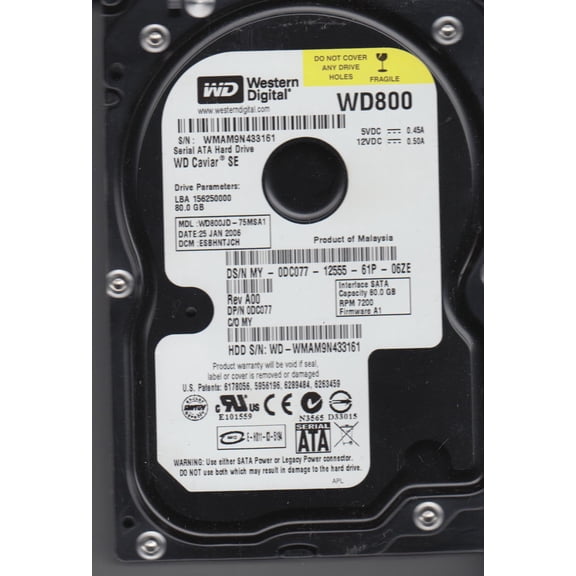 WD800JD-75MSA1, DCM ESBHNTJCH, Western Digital 80GB SATA 3.5 Hard Drive