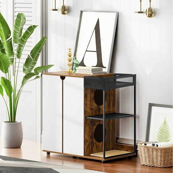 Noaman Enclosed Cat Litter Box Furniture Cabinet for 2 Cats, Rustic Brown, 34.75"W x 18.9"D x 34"H