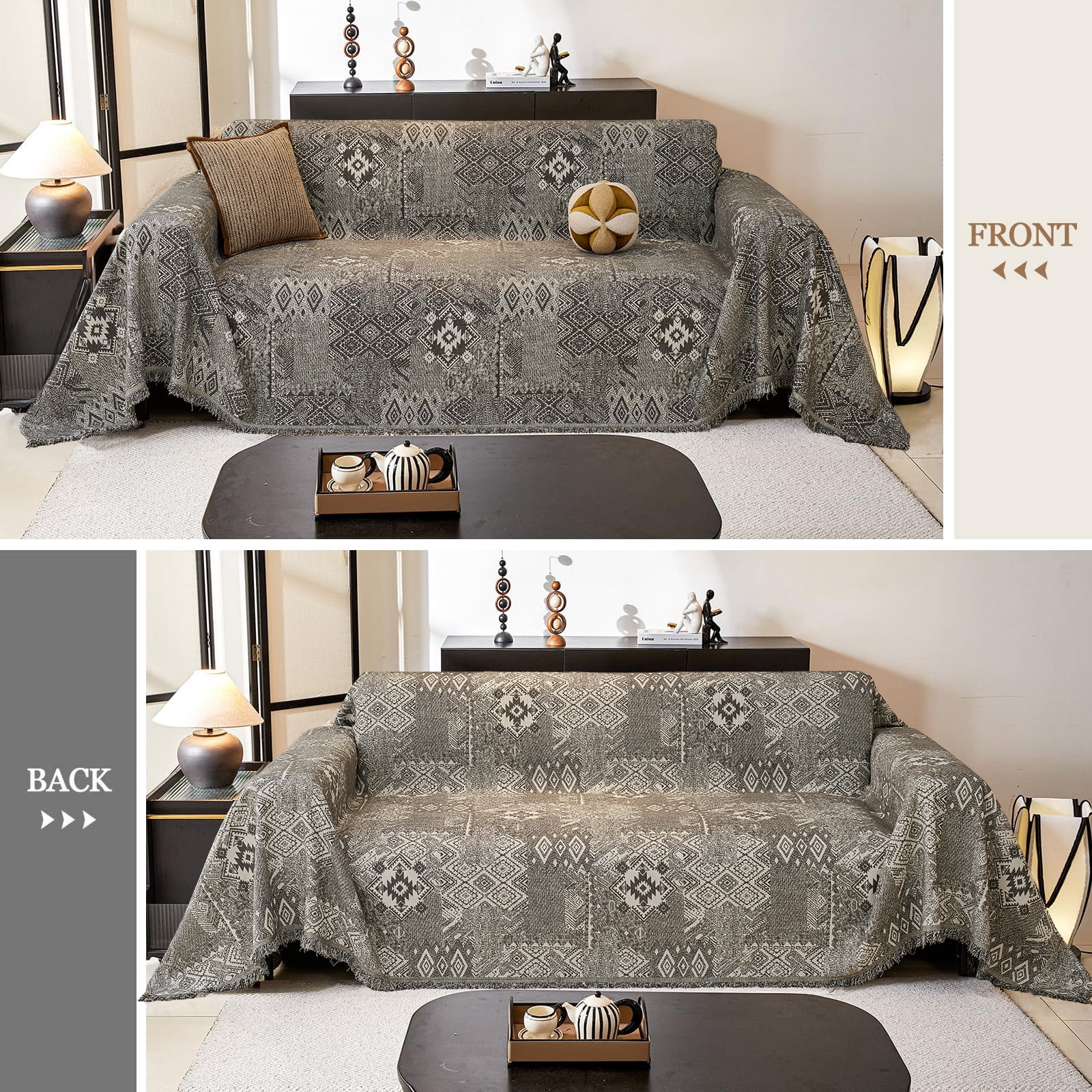 Sanmadrola Reversible Sofa Covers for 3 Cushion Couch, Geometric Jacquard Chenille Slipcover, L Shape Sectional Couch Cover with Tassels, Washable Furniture Protector for Dogs Cats Pet, 71"x118"