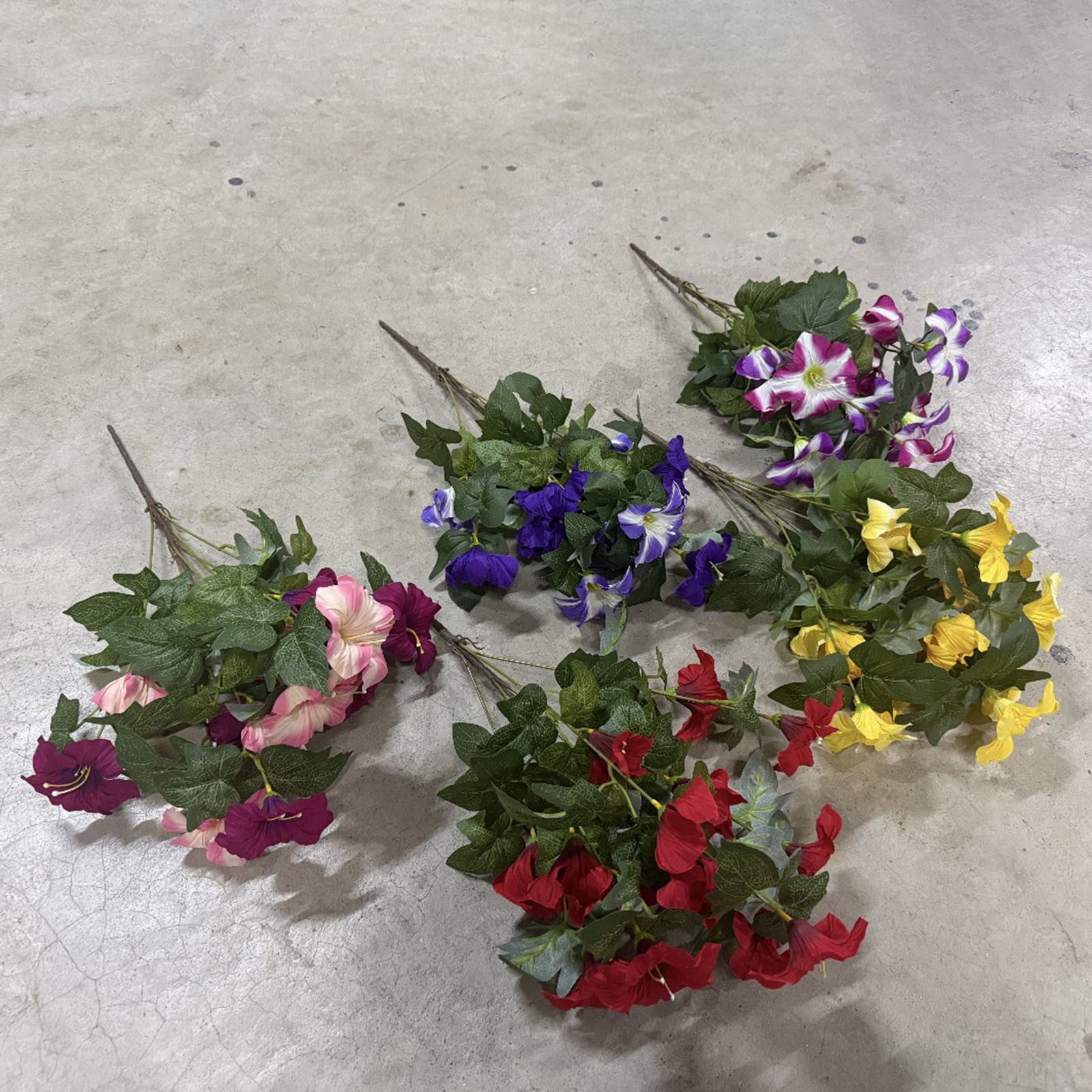 ZMKIAG UV Resistant Realistic Artificial Flowers for Outdoors – Fake Petunias Plants, Purple & White Silk Morning Glory – Faux Tropical Flowers for Planter, Porch, Patio, Yard, Garden, Window