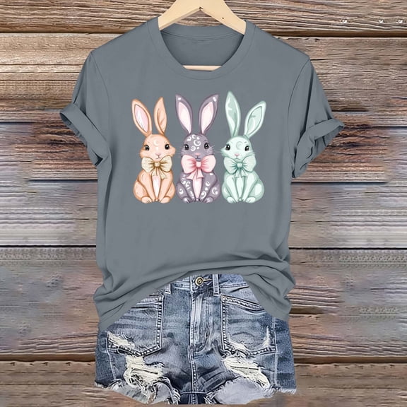 Xdegoge Easter Tees for Women Three Sitting Bunnies With Bows Graphic Print Short Sleeve Crewneck Spring Holiday Festival Lightweight Stretchy Casual Shirts