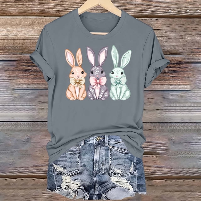 Haivin Easter Various Bunny Shirts for Women Easter Egg Leopard Bunny raphic Tee Spring Cute Tops