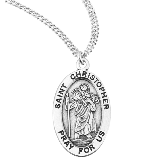 Sterling Silver Saint Christopher Oval Medal Pendant Necklace, 0.9" x 0.6", 20" Rhodium Plated Stainless Steel Chain, Gift Box Included