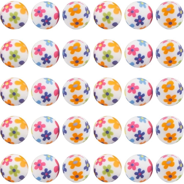 1 caja de 30 cuentas con estampado de flores, cuentas redondas de silicona impresas a granel de 15 mm, cuentas de goma suave con patrón de flores, espaciador suelto focal, bola de cordón