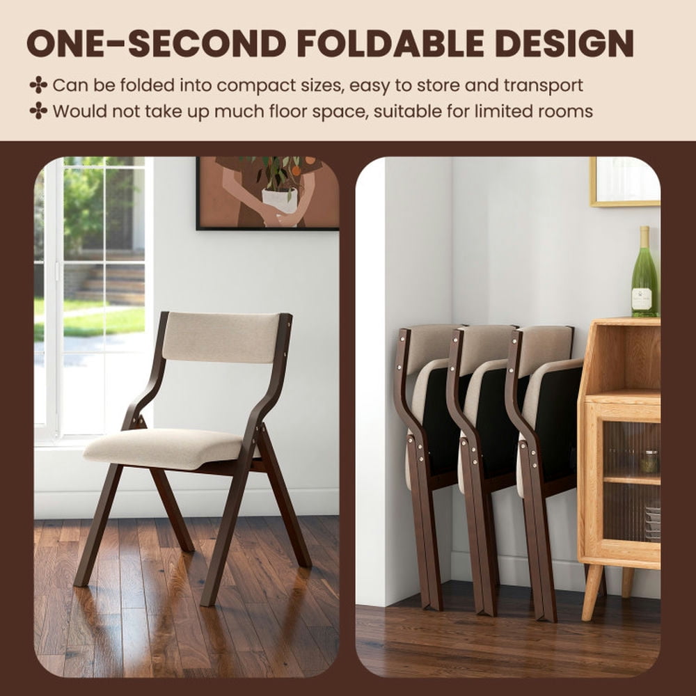 Demi Bonn Set of 2 Wooden Folding Dining Chair with Linen Fabric Padded Seat and Backrest, Brown