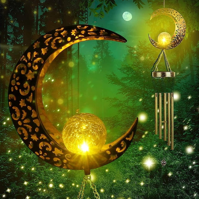 Campanas de viento solares LED para jardín, campanillas de viento lunares de metal para exteriores, luces solares para jardín, fiesta, patio, terraza, patio, decoración del hogar