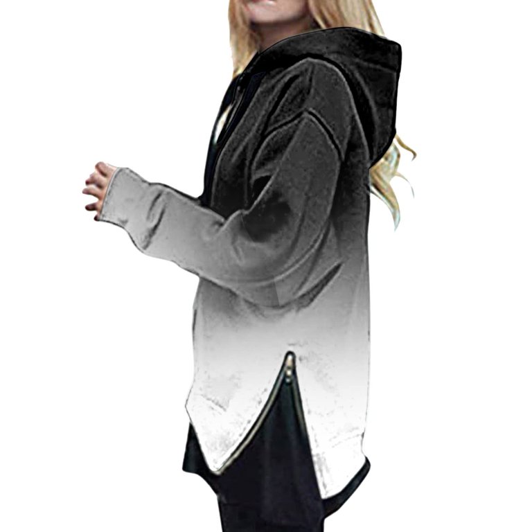 RQYYD Womens Gradient Hoodies Coat Side Zipper Sweatshirt Fall Winter Warm Pockets Drawstring Lightweight Hoodie Black L