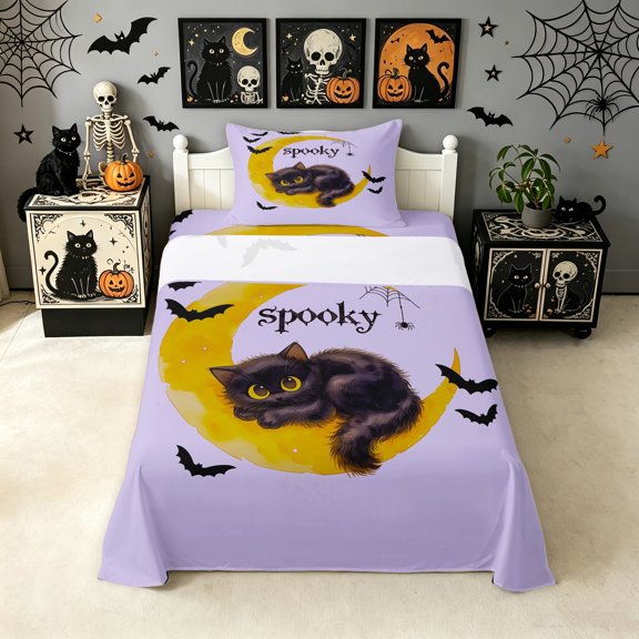 Manfei Halloween Black Cat Twin Sheets, Galaxy Moon Bedding, Lavender Golden, 3 Pieces, 1 Flat Sheet, 1 Fitted Sheet and 1 Pillowcase