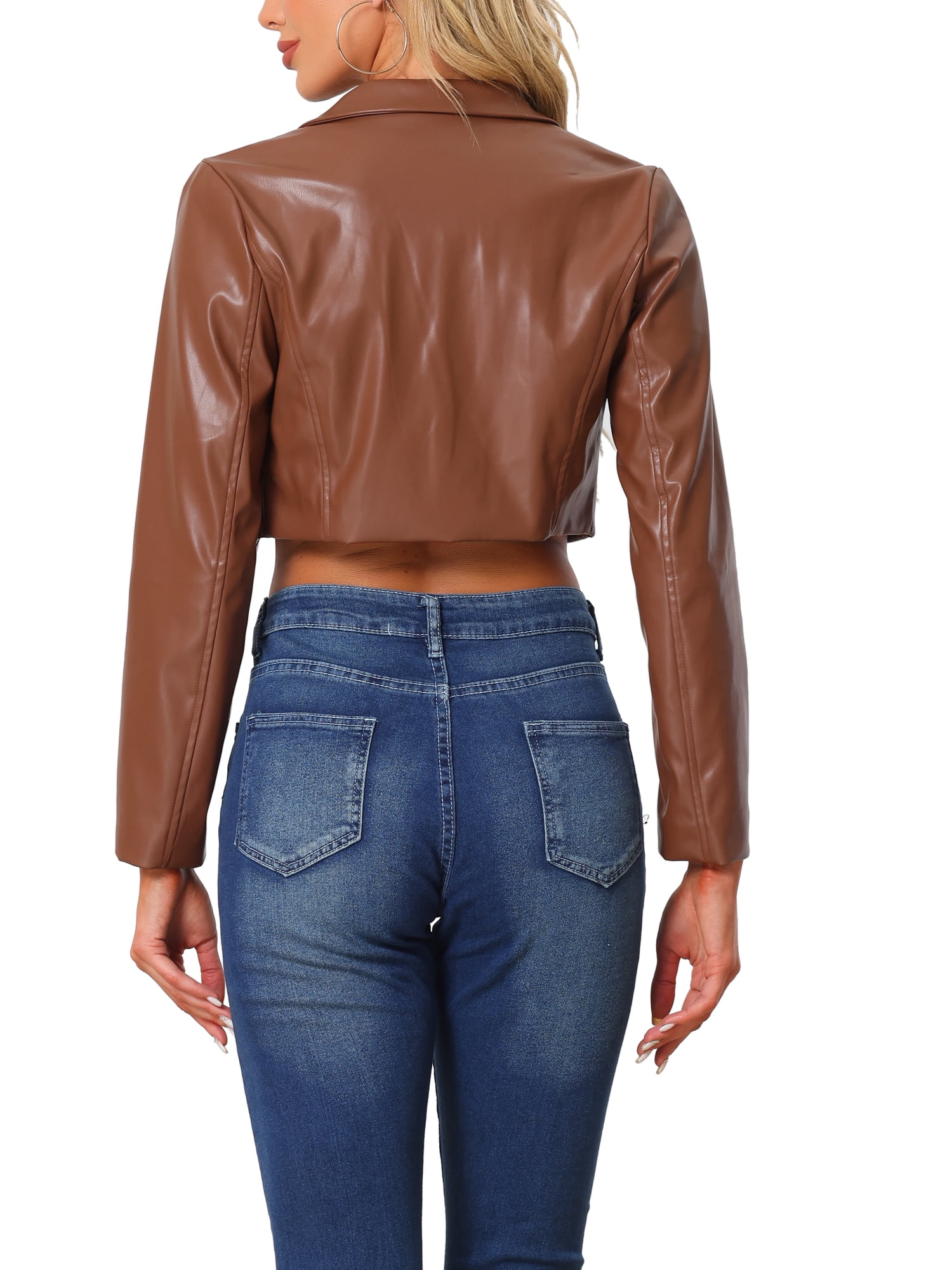 INSPIRE CHIC Faux Leather Cropped Blazer for Women's Notched Lapel Collar Single Breasted Moto PU Jackets S Brown