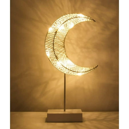 

Decorative Table Lamp Battery Powered Christmas Moon Shape Ramadan Desk Lamp Winding Thread Warm LED Crescent Light Xmas Home Bedroom Romantic Bedside Desktop Nightstand Decoration - White