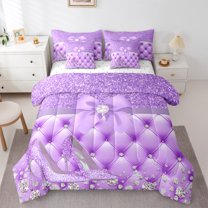 Feelyou Fashion High Heel Twin Bedding Sets 7-Piece for Kids, Dreamy Purple Bowknot Bedding Comforter Set, Modern Fashion Diamond Sheet Sets, Luxury Bedroom Decor