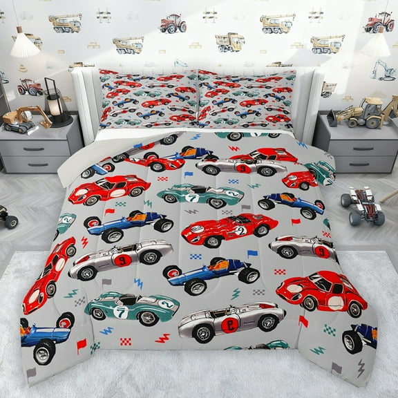 jejeloiu Colorful Racing Car Bedding Comforter Set,Extreme Sport Theme Twin Comforter Sets,Red Blue Gray Bedding Set For Boys Kids,Luxury Bedroom Decor Reversible,2-Piece